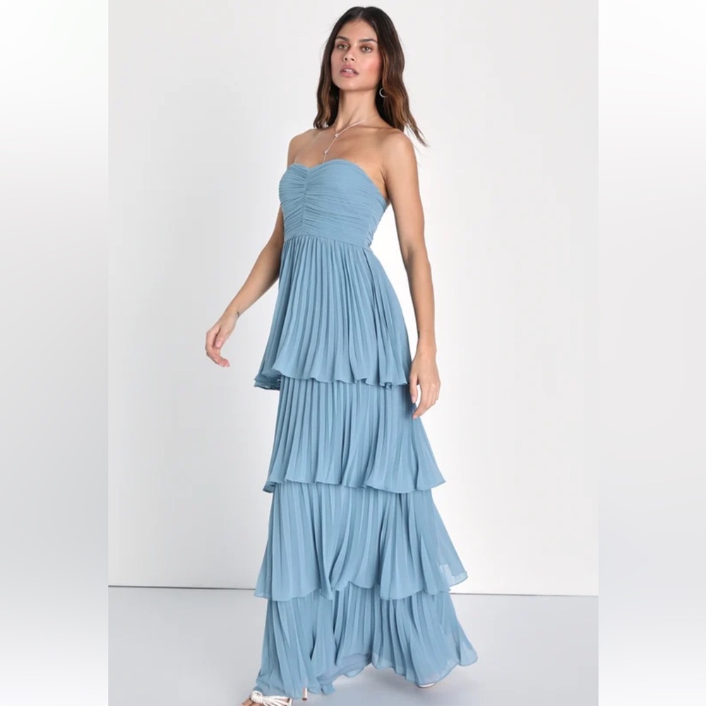 Lulus Seriously Sensational Light Blue Strapless Tiered Maxi Dress - Size M